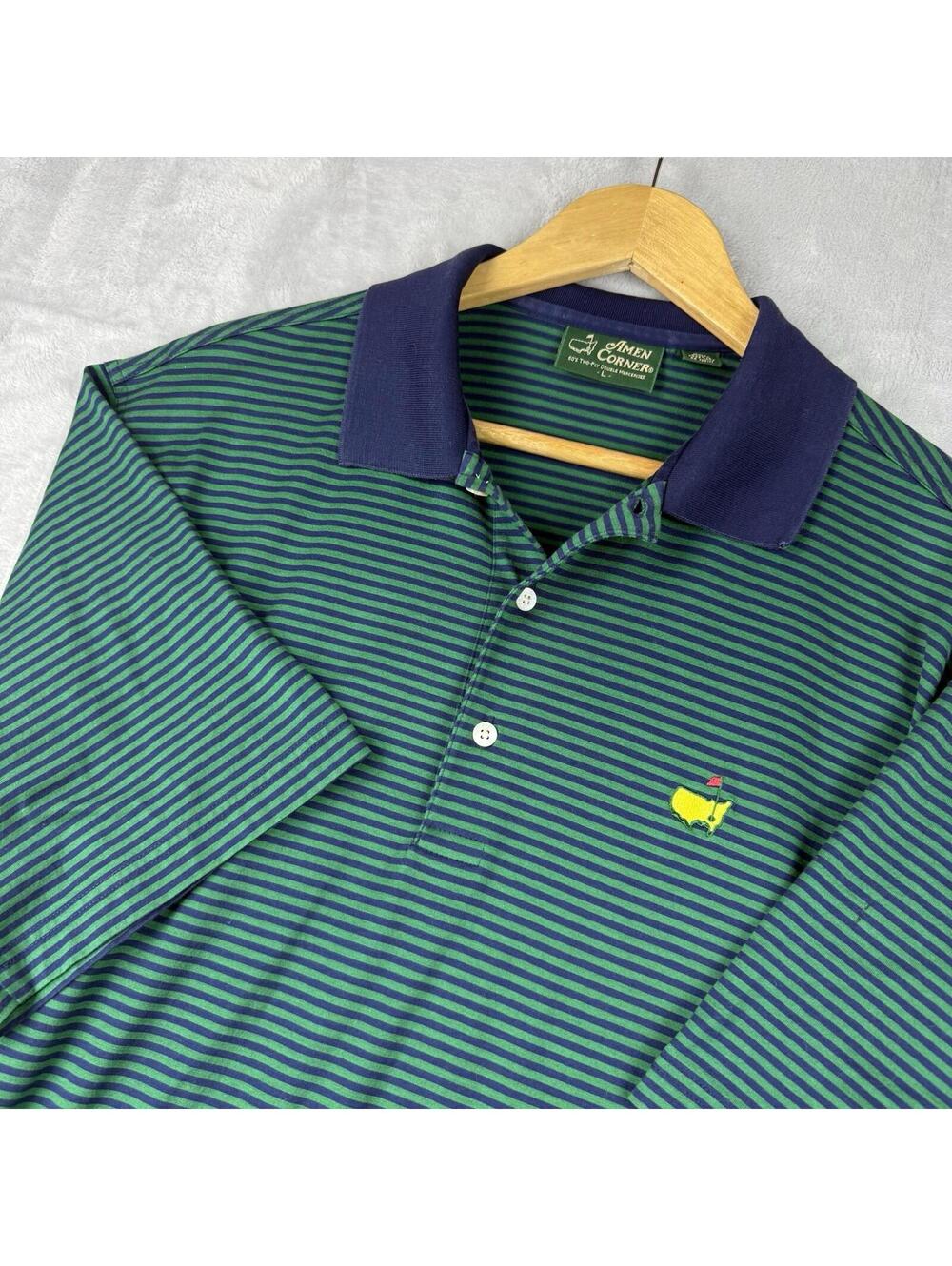 Master Golf Amen Corner Polo Shirt Green Stripe Embroidered Logo Men L Prep VTG
